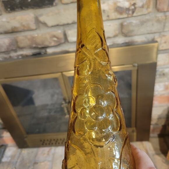 Vintage Amber Genie Bottle, Tall Decanter, Floral & Leaf Imprints - Picture 7 of 9